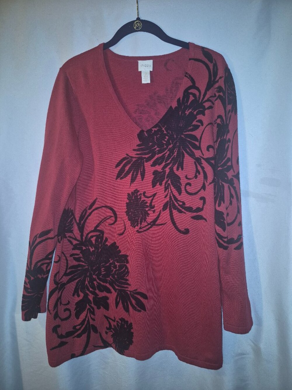 Chico's Rachel Floral Scroll V-neck sweater in red and black.